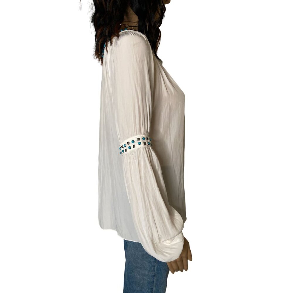 Ramy Brook Wyatt Studded and Turquoise Blouse White Size Small - Picture 3 of 12
